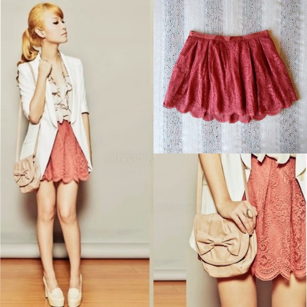 MANGO Scalloped Lace Mini Skirt Coral S EUC